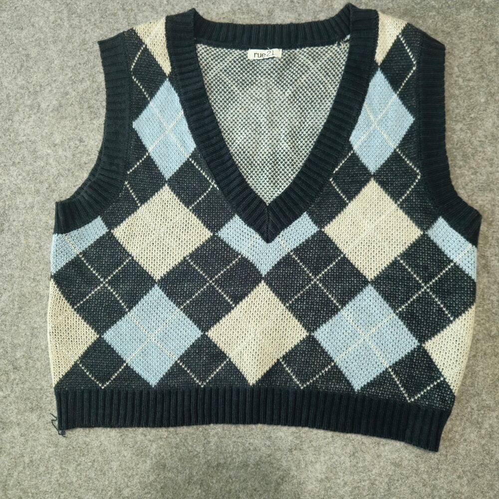 Rue 21 Navy Blue Argyle Plaid V Neck Cropped Knit Sweater Vest S